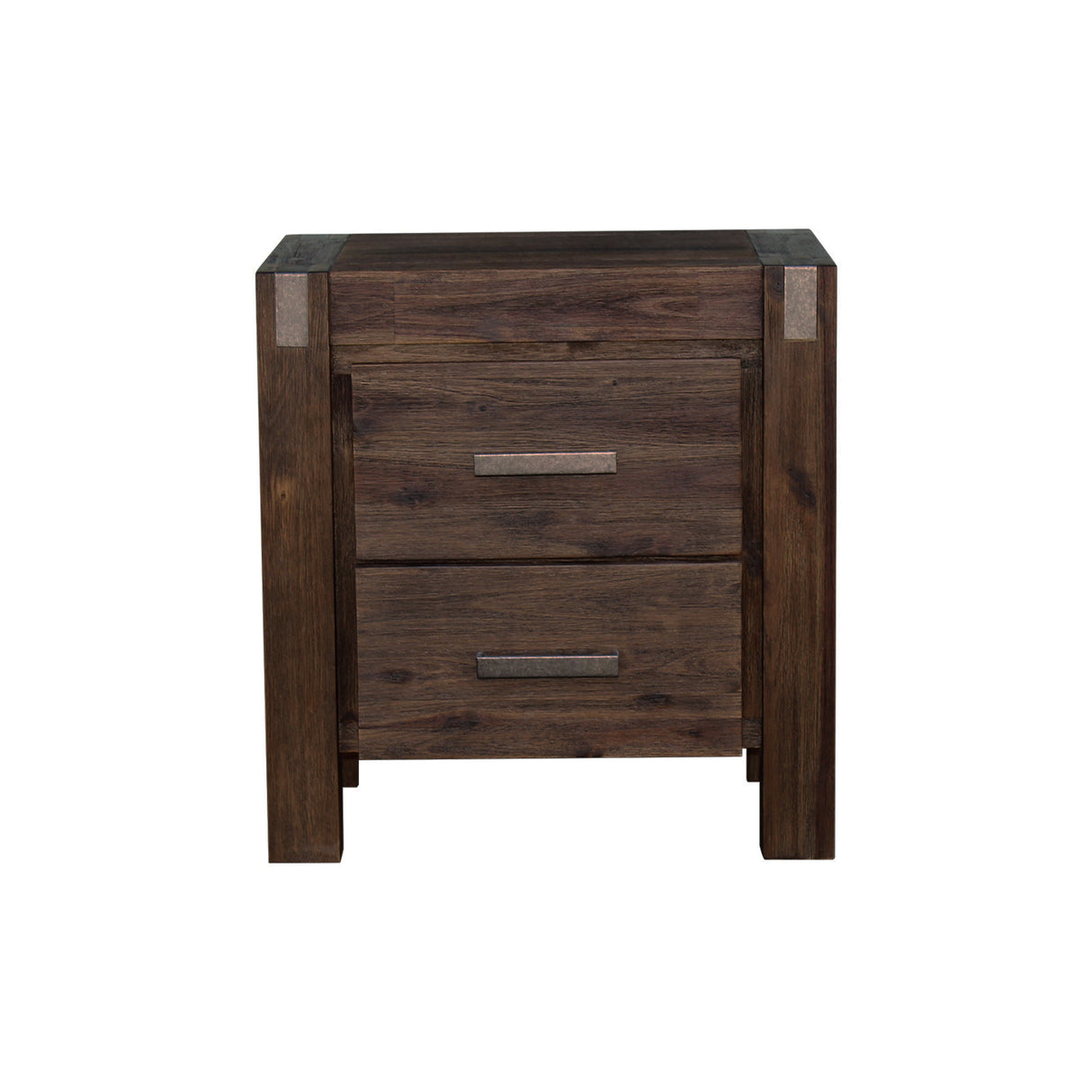 Solid Acacia Bedside Table with 2 Drawers — Metal Wire-Brushed Finish — Allure Home Collections
