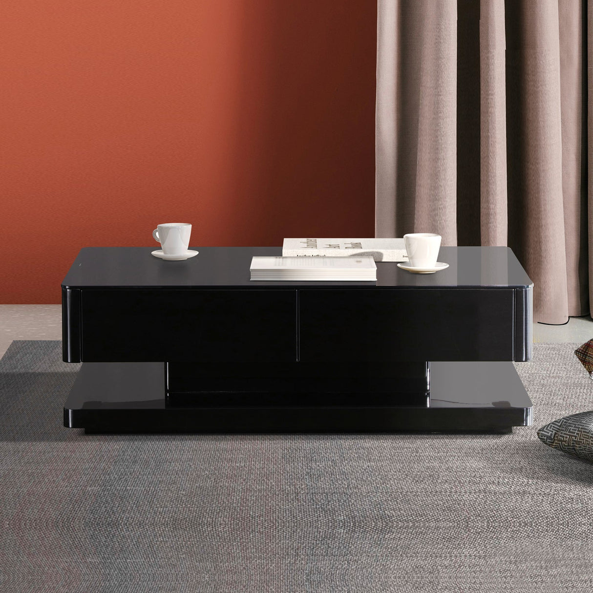 Wattle Glen black glass and high gloss coffee table in a modern living room