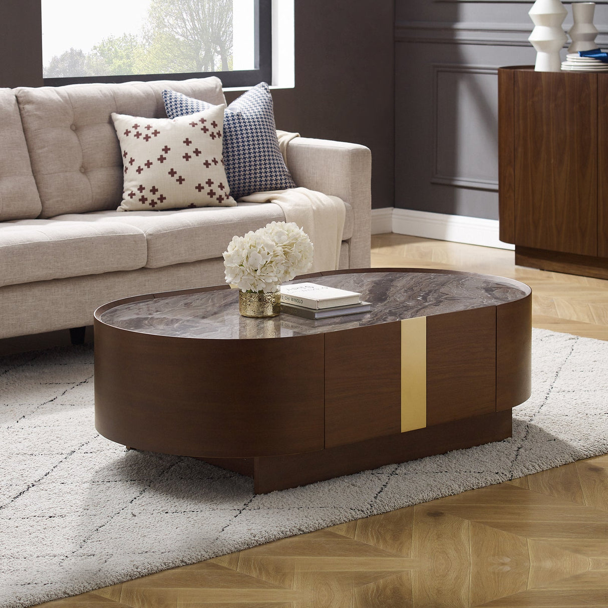 Kangaroo Ground dark walnut MDF melamine coffee table in a modern living room