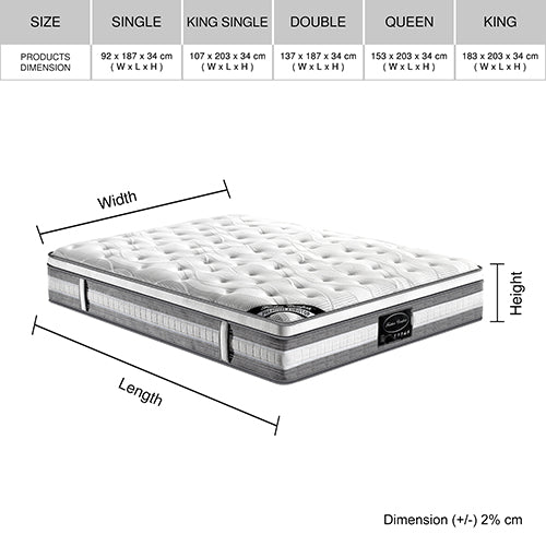 Medium Firm Euro Top Pocket Spring Mattress, 34cm King Single