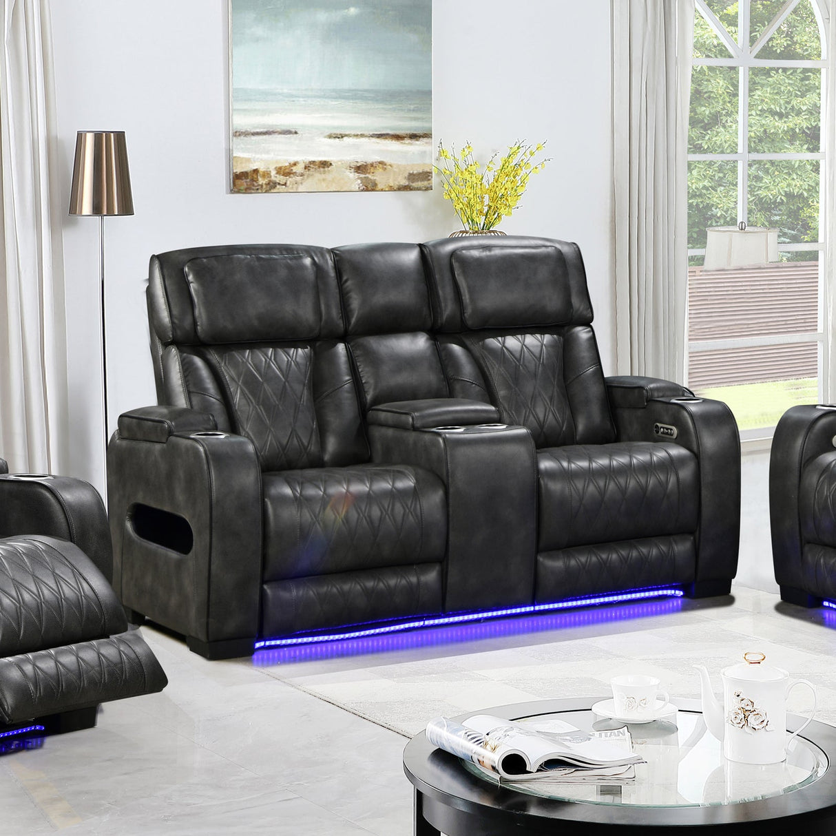 Estepona dark grey air leather recliner sofa in a modern living room