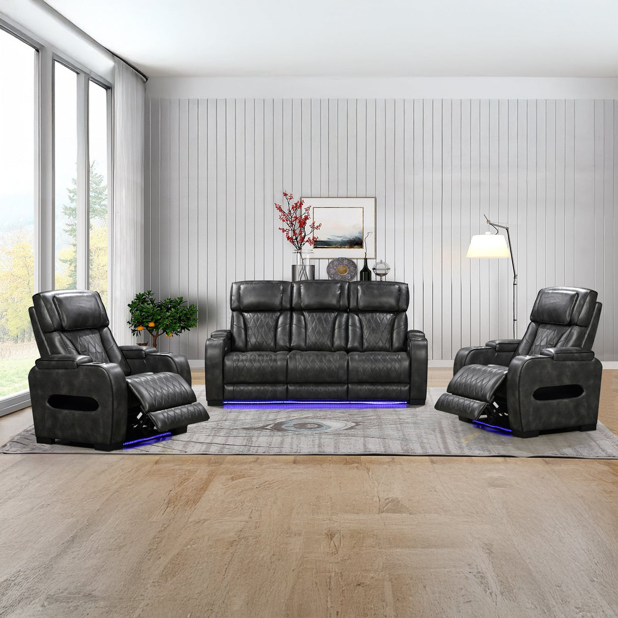 Estepona dark grey air leather recliner sofa in a modern living room