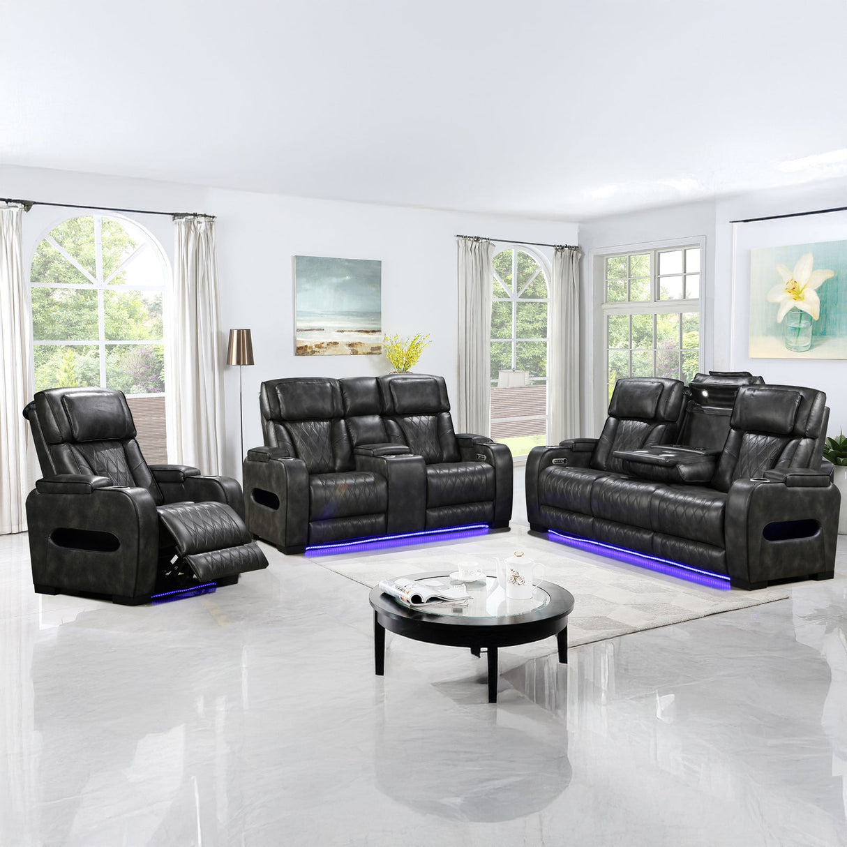 Estepona dark grey air leather recliner sofa in a modern living room