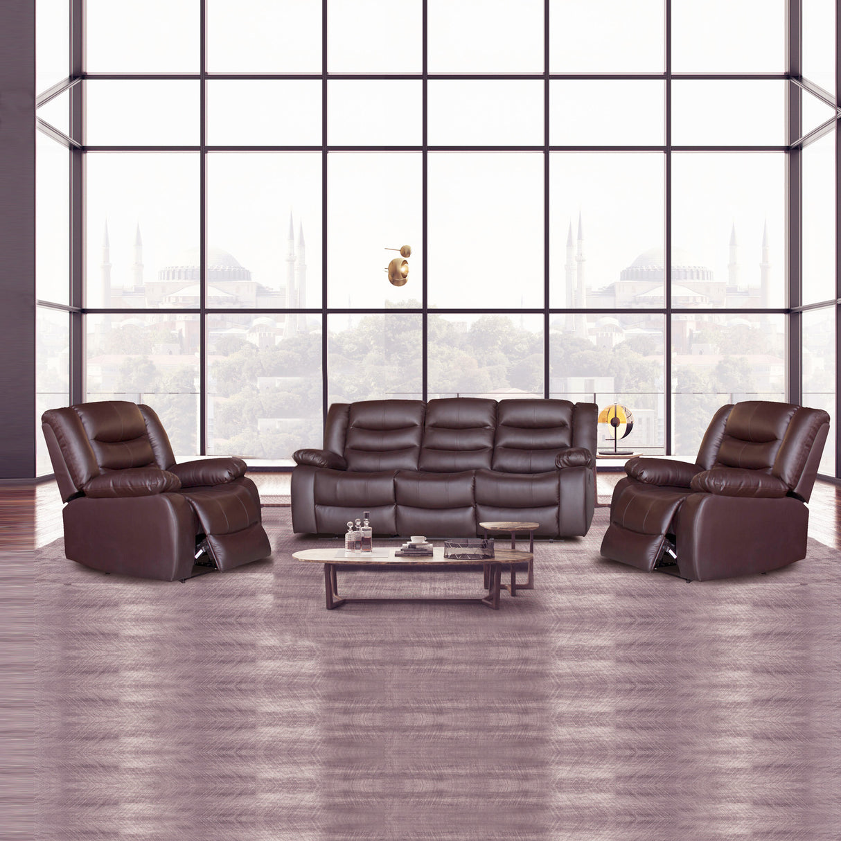Nerja brown faux leather recliner sofa in a modern living room