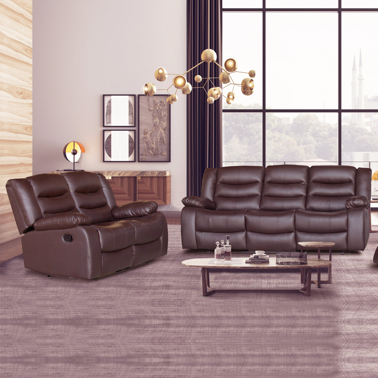 Nerja brown faux leather recliner sofa in a modern living room