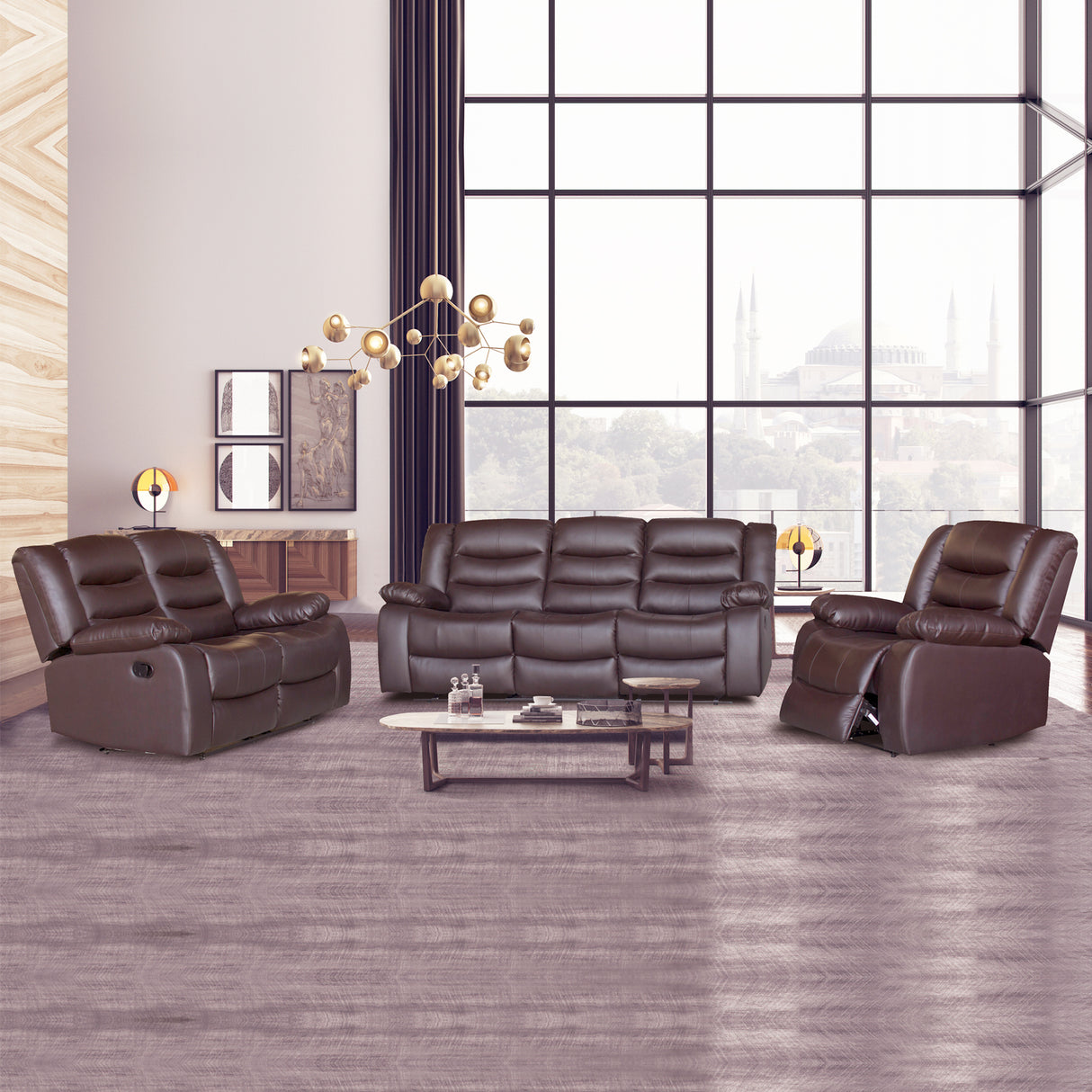 Nerja brown faux leather recliner sofa in a modern living room