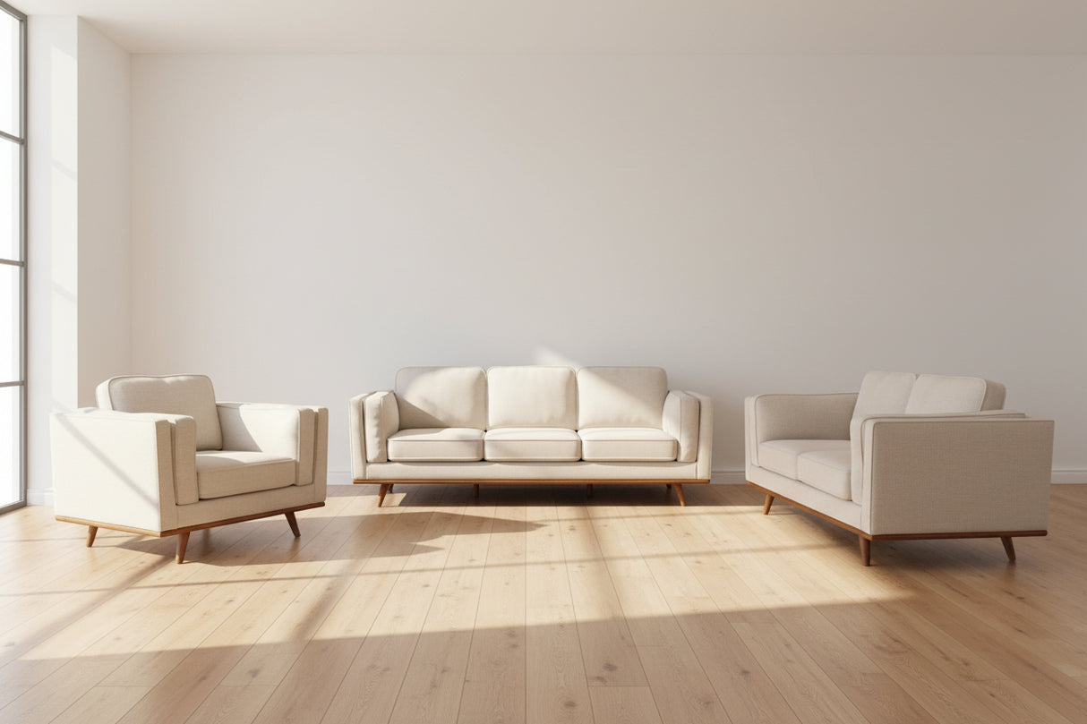 Marbella beige fabric sofa in a modern living room