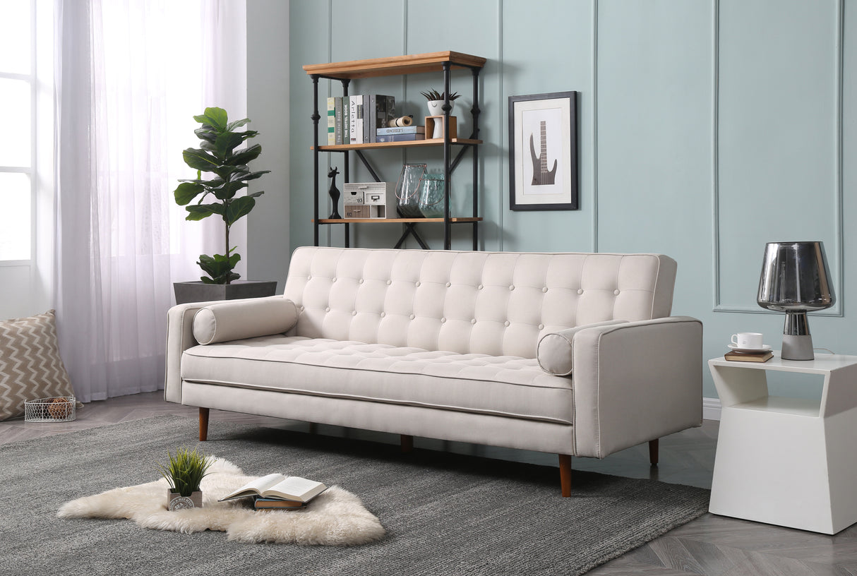 Andratx beige fabric sofa bed in a modern living room