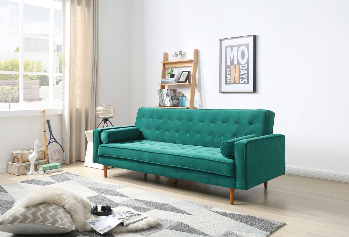 Andratx green velvet sofa bed in a modern living room