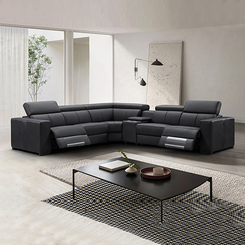 Fornells black leather corner sofa in a modern living room