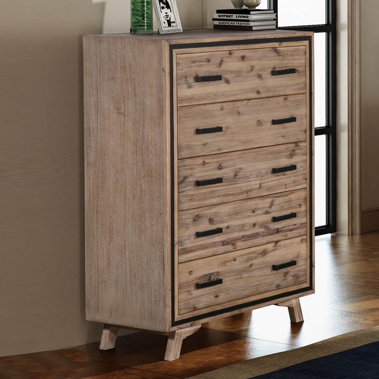 Welby 5 Drawer Tallboy, Silver Brush