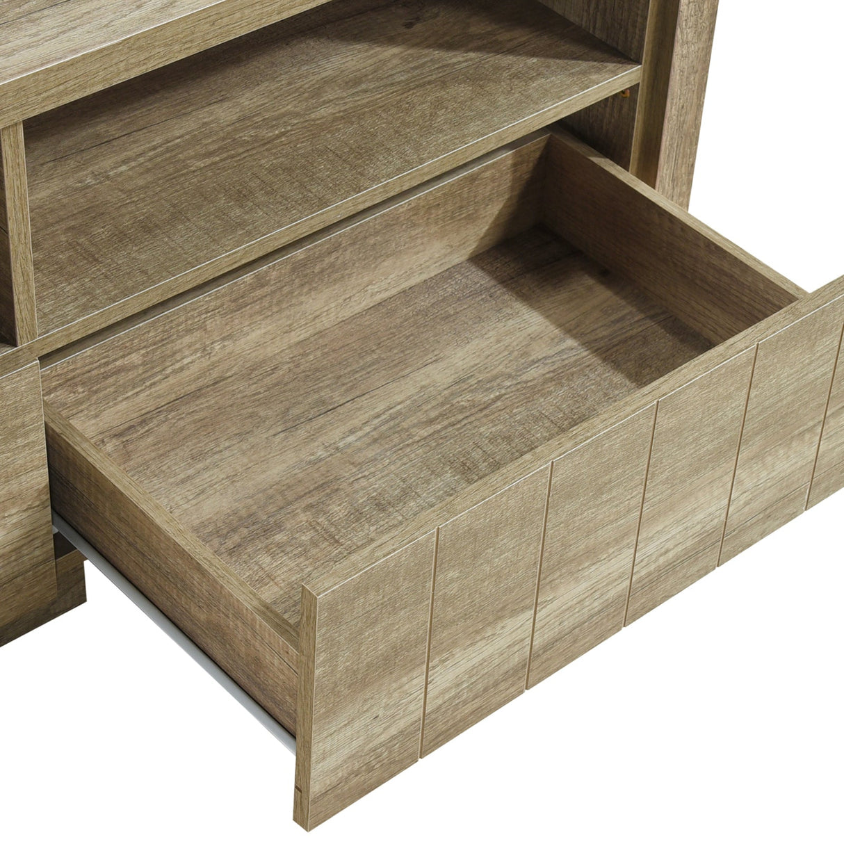 Nubeena oak TV cabinet close up of drawer and metal slide rail