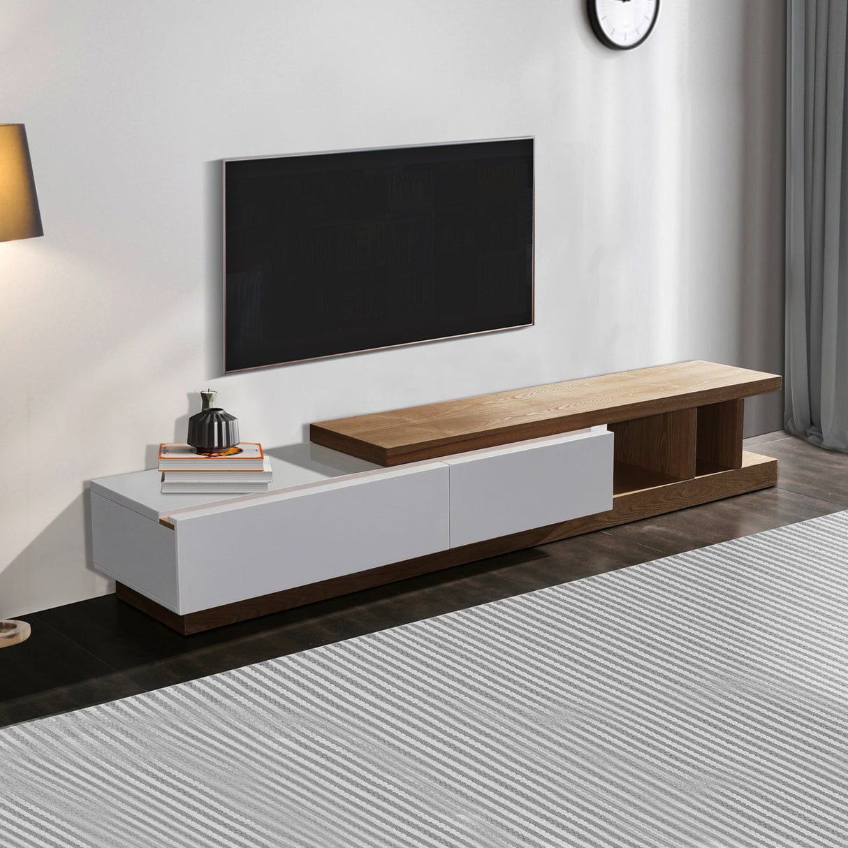Low Head 220cm TV Cabinet, White Ash