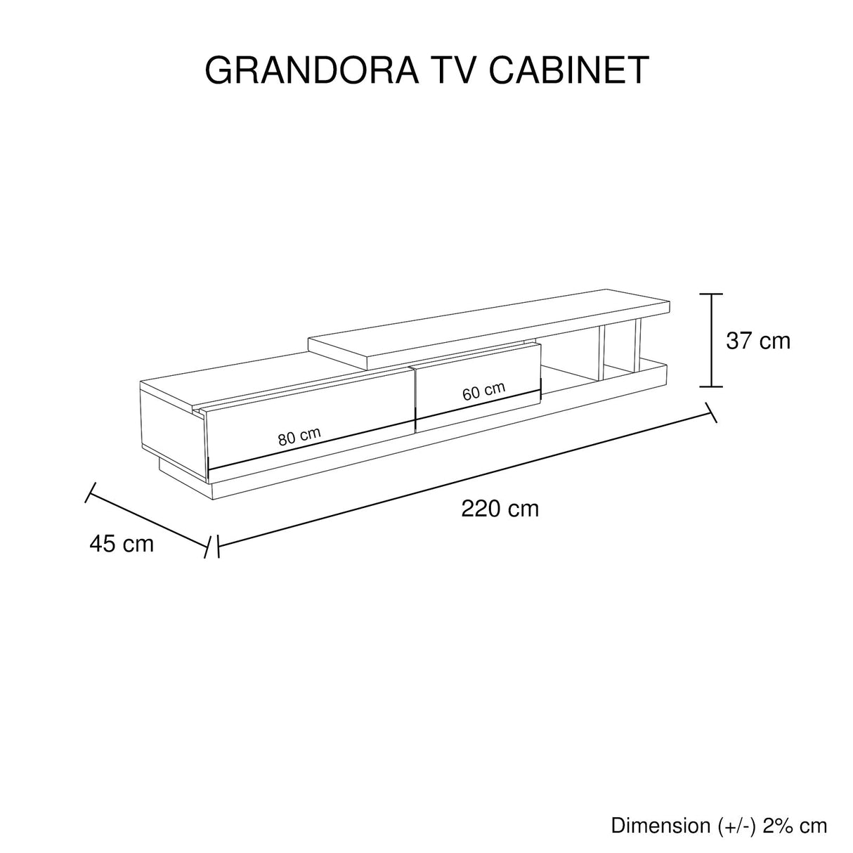 Low Head 220cm TV Cabinet, White Ash