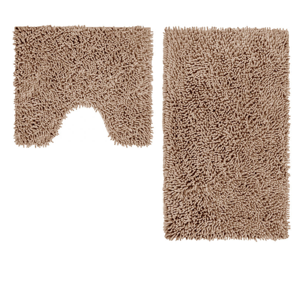 Two piece mocha shaggy cotton bath mat set with 50 x 80 cm bath mat and 50 x 50 cm contour mat
