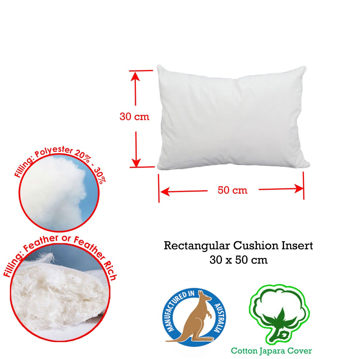 Duck Feather Rich Fill Cushion Insert — Rectangular 30 x 50cm, Made in Australia — Allure Home Collections