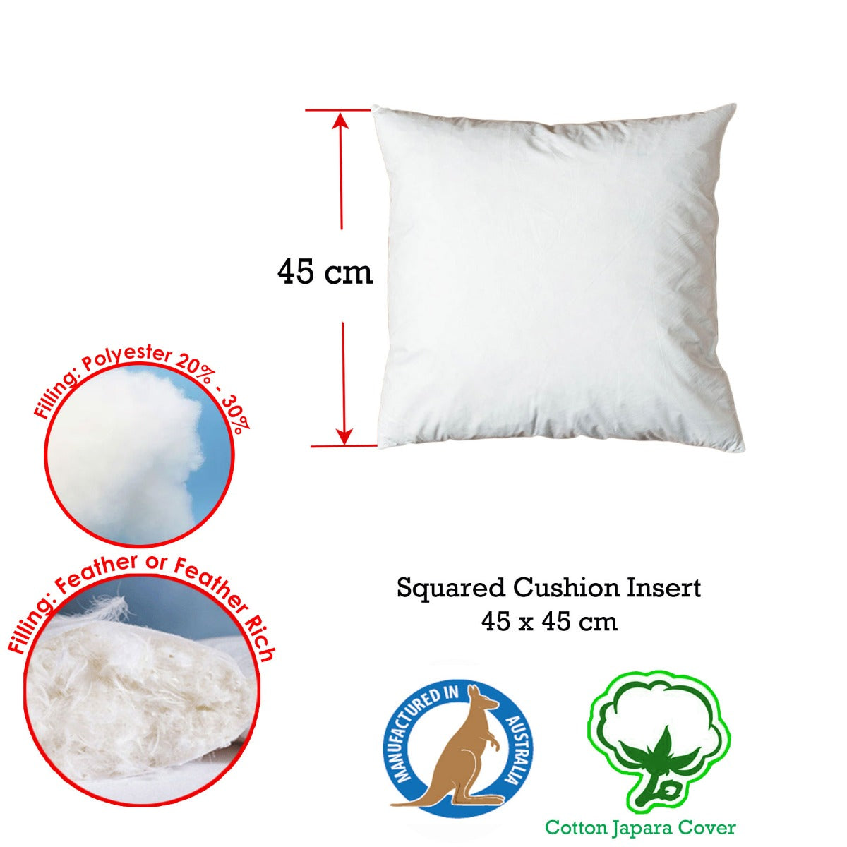 Duck Feather Rich Fill Cushion Insert — Square 45 x 45cm, Made in Australia — Allure Home Collections