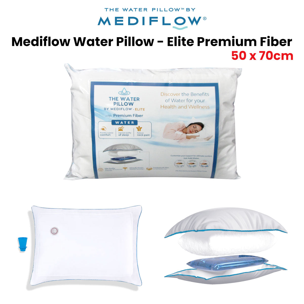 Mediflow Elite Water Pillow — Fibre Fill, 50x70cm, Adjustable Neck Support — Allure Home Collections