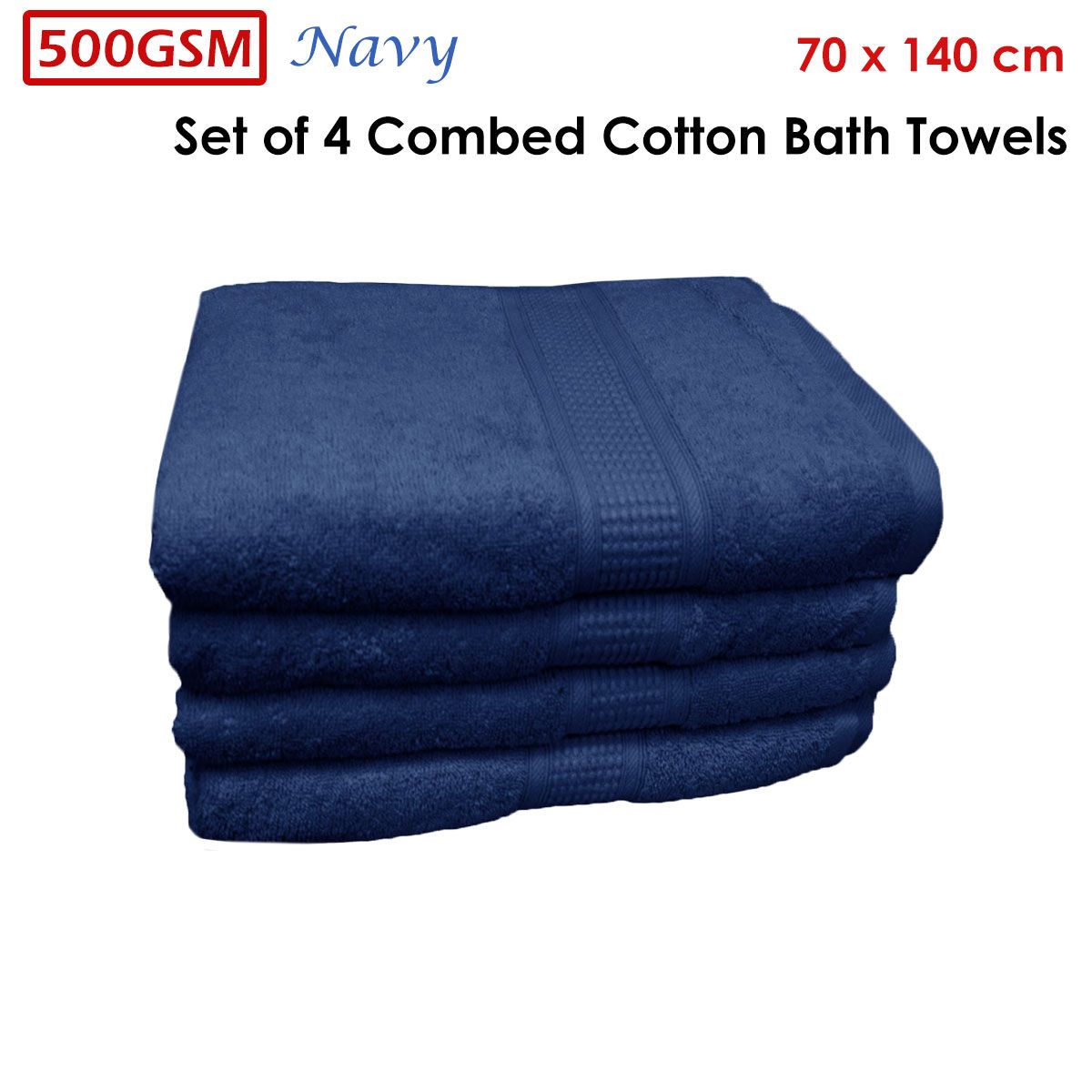Navy 500 GSM bath towel shown in a bathroom setting, 70 x 140 cm solid colour towel