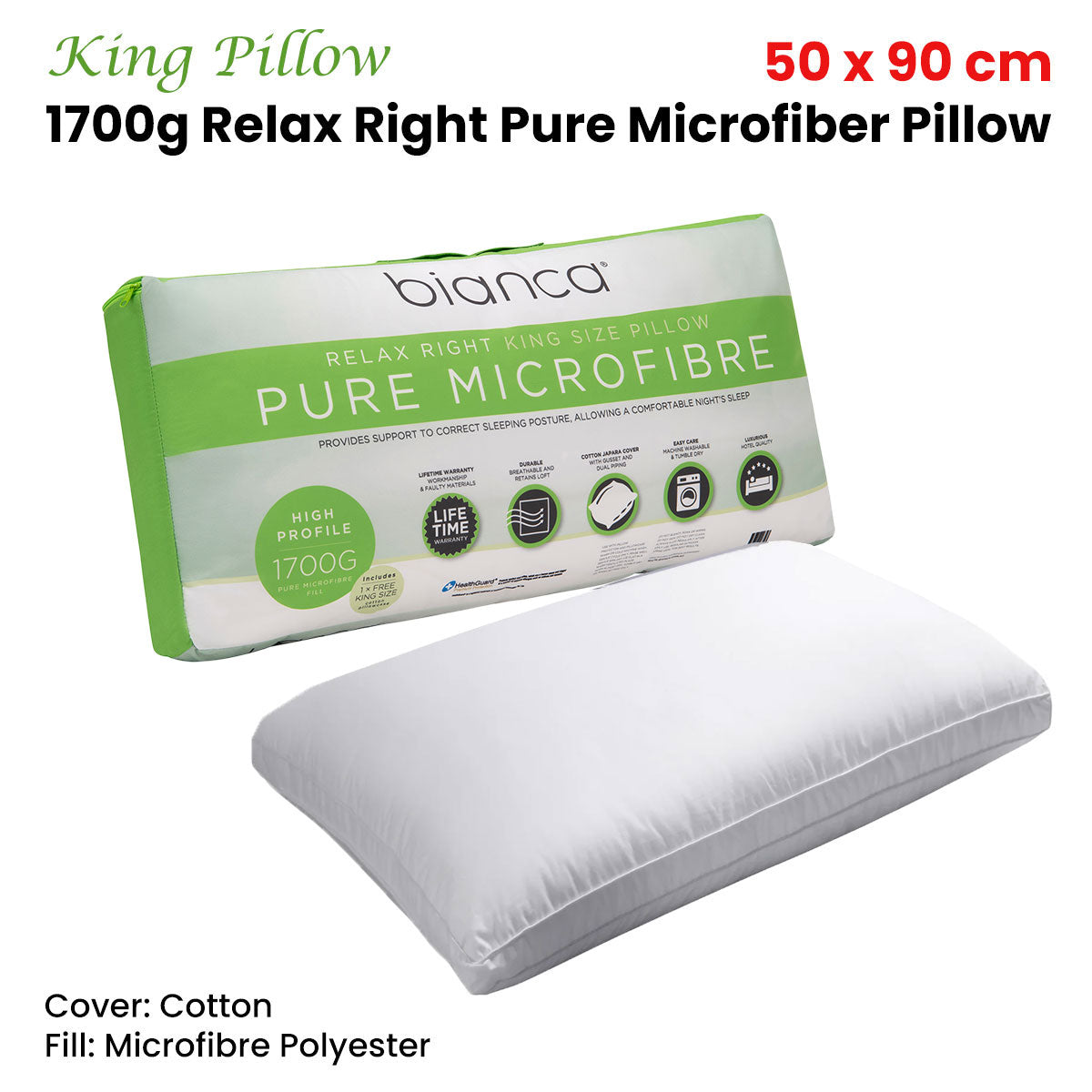Bianca Relax Right 1700g Microfibre King Pillow — 50x90cm, Cotton Japara Cover — Allure Home Collections