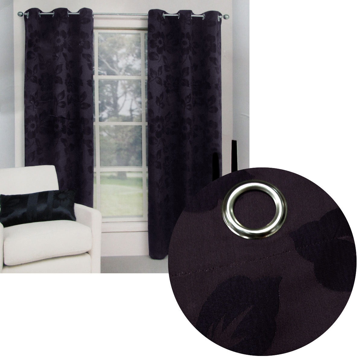 Belmondo Provincial Floral Jacquard Eyelet Curtains — Aubergine Pair 120 x 220cm — Allure Home Collections