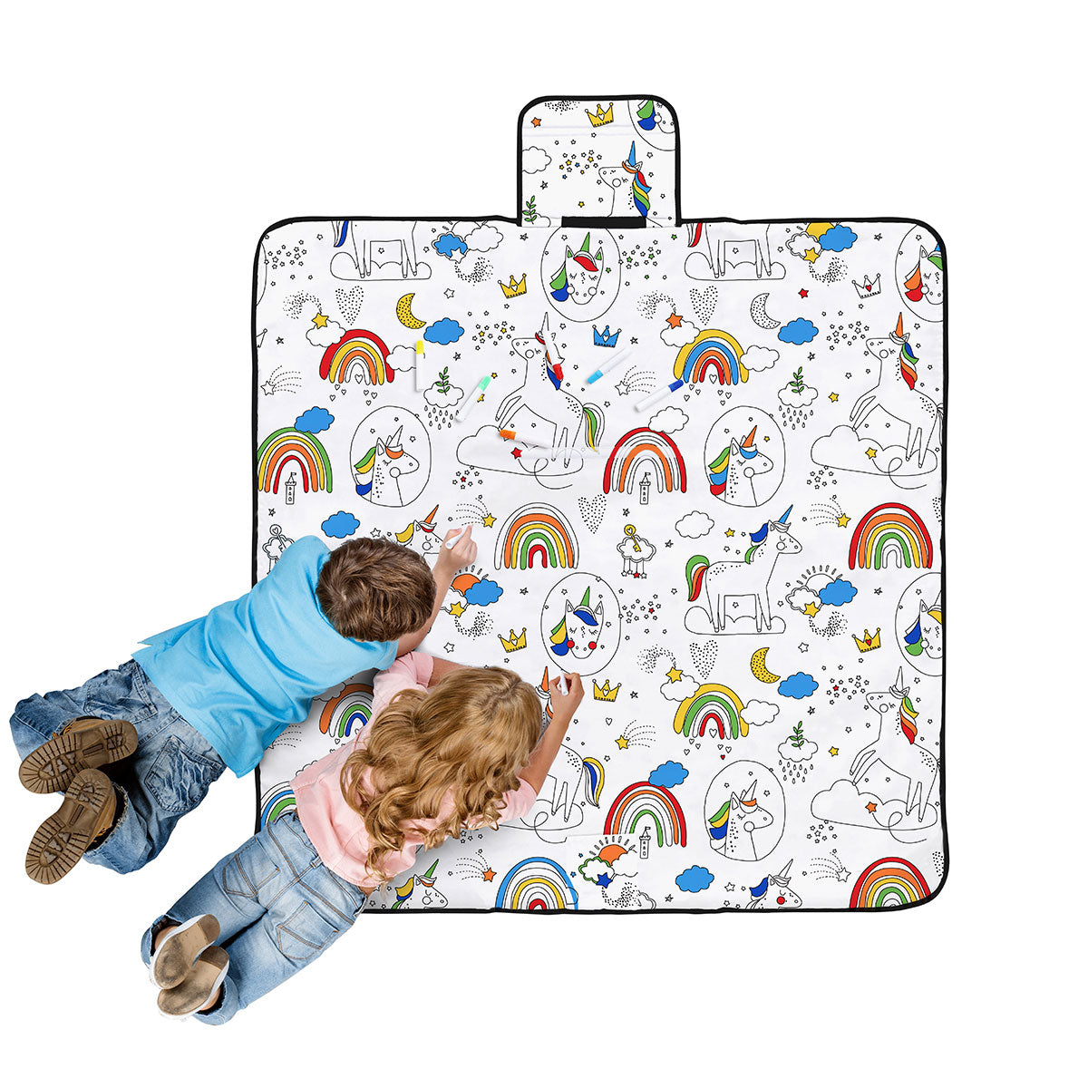 Borrowdale Colour Me In kids picnic blanket 125 x 125cm with dream big unicorn colouring design, carry handle and water resistant backing