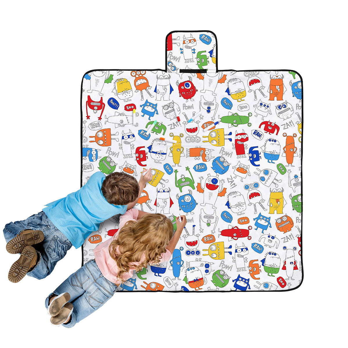 Borrowdale Colour Me In kids picnic blanket 125 x 125cm with monster squad colouring design, carry handle and water resistant backing