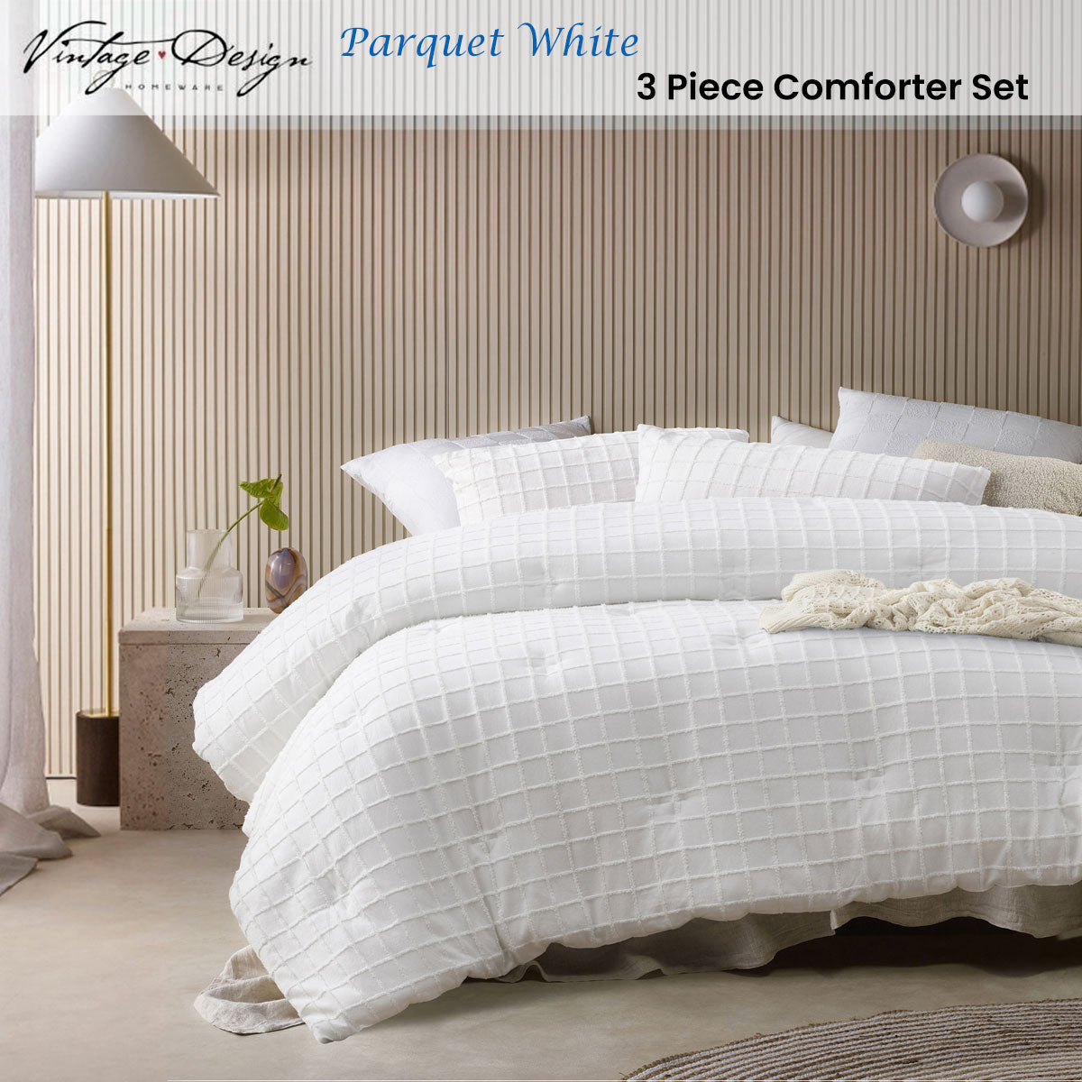 Draycott Parquet Comforter Set, White Queen