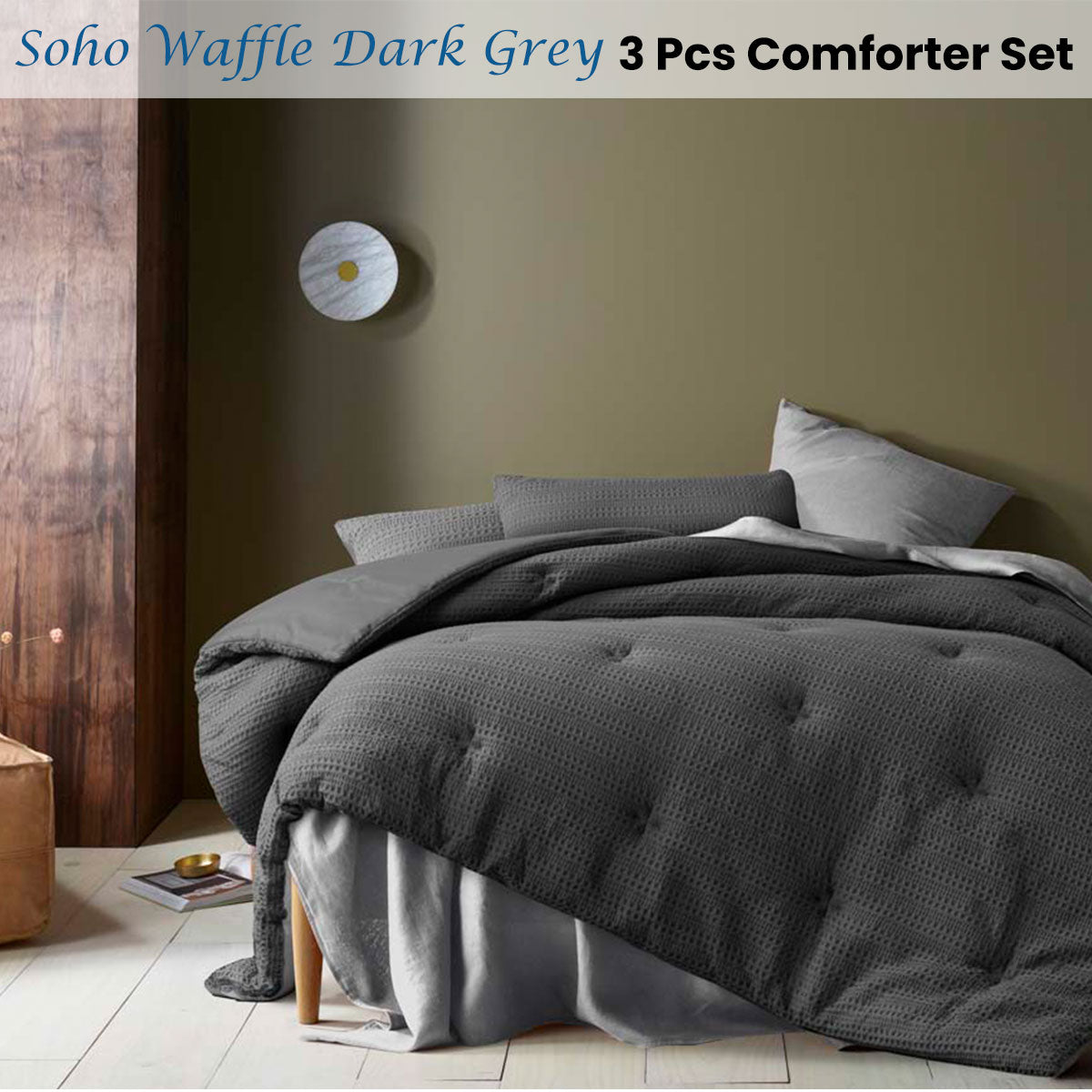 Woodmancote 3pcs Waffle Comforter Set, Queen, Dark Grey