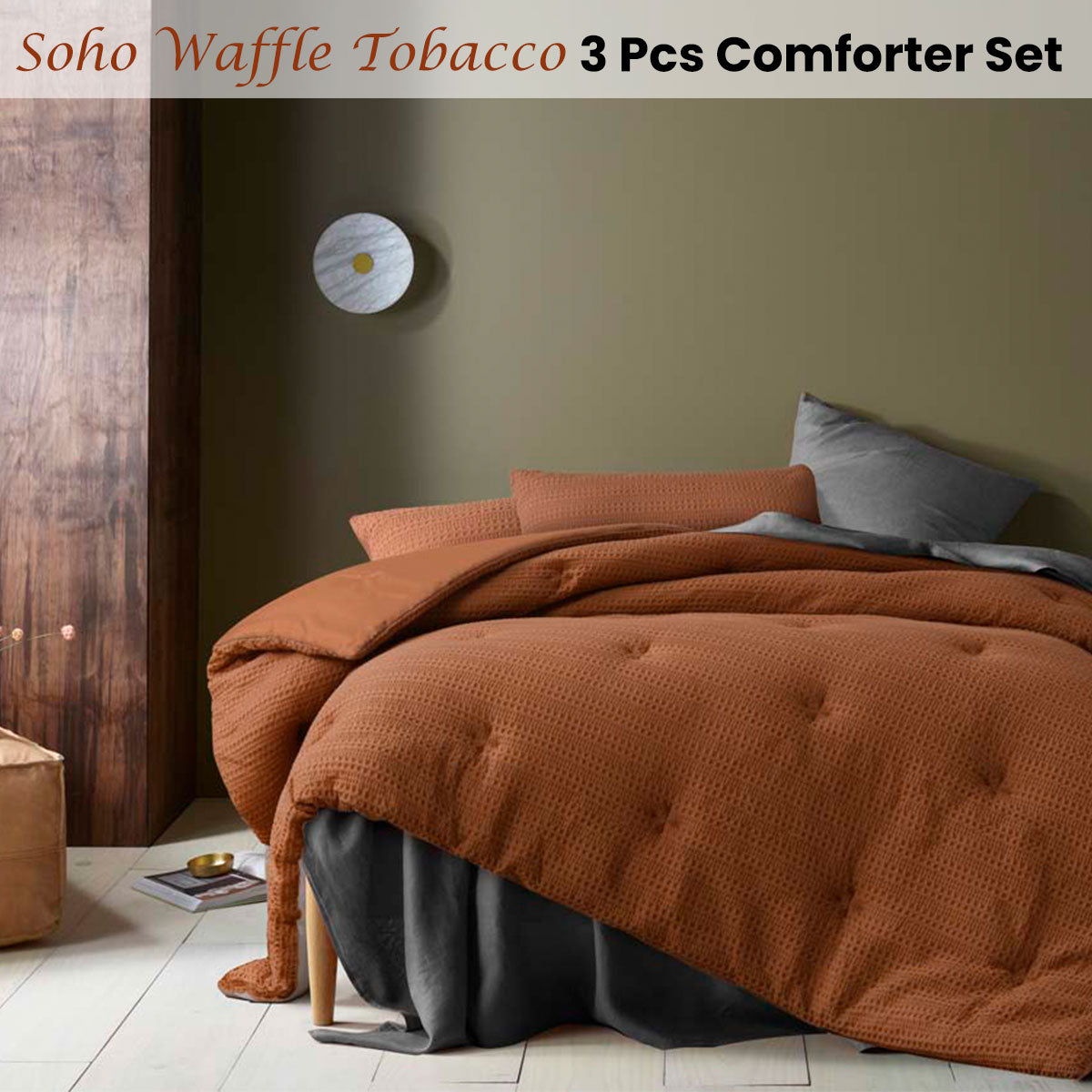 Woodmancote 3pcs Waffle Comforter Set, Queen, Tobacco