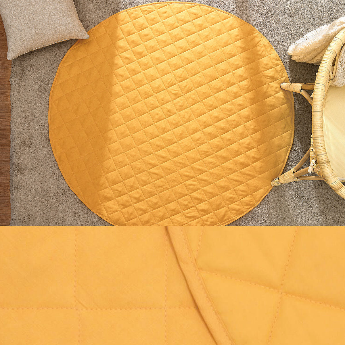 Marigold round quilted linen baby play mat, 130cm diameter
