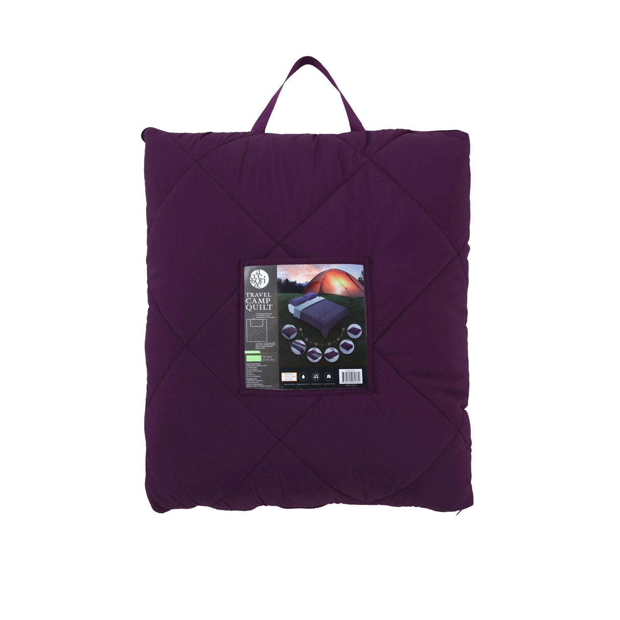 Purple diamond quilted camp quilt shown open and folded into a cushion