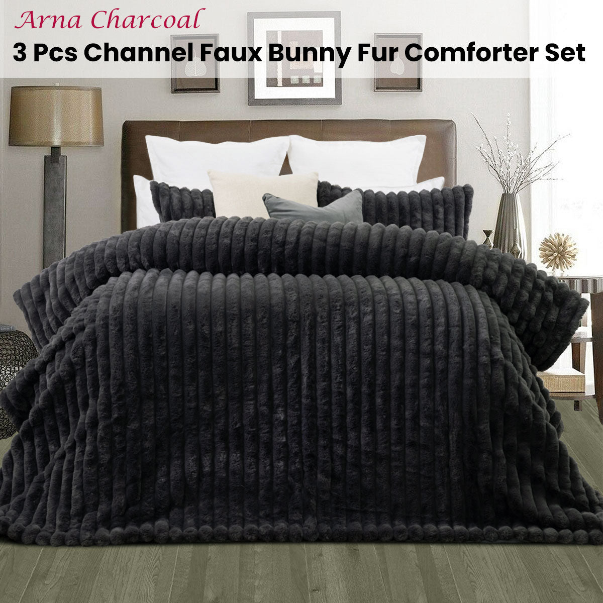 Kempley Arna Charcoal Faux Fur Comforter Set, Queen