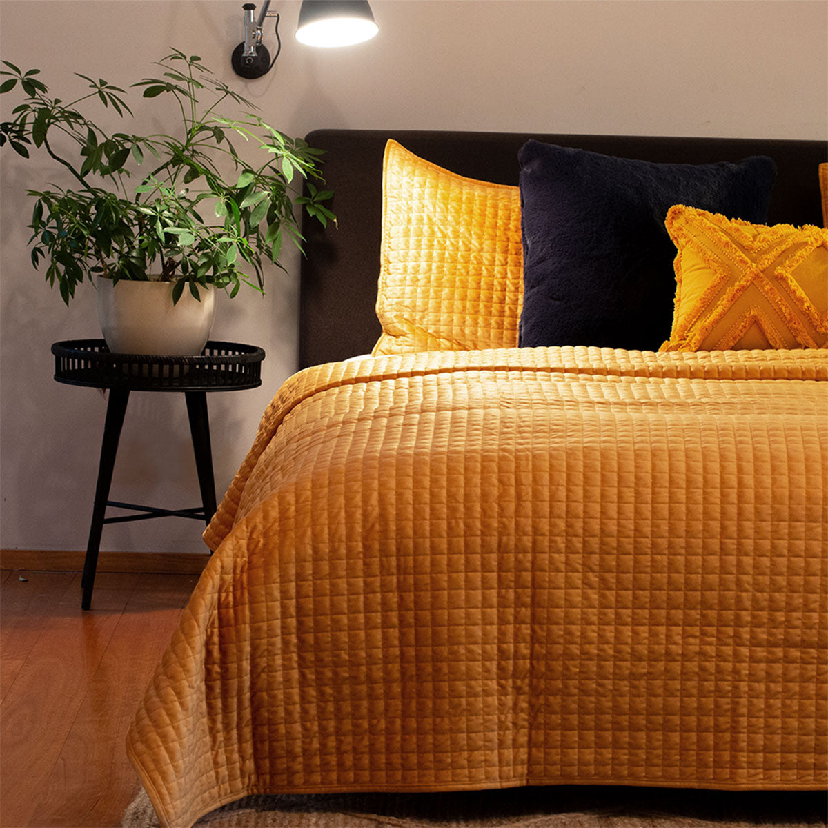 Todenham mustard velvet quilted diamond coverlet set Queen King