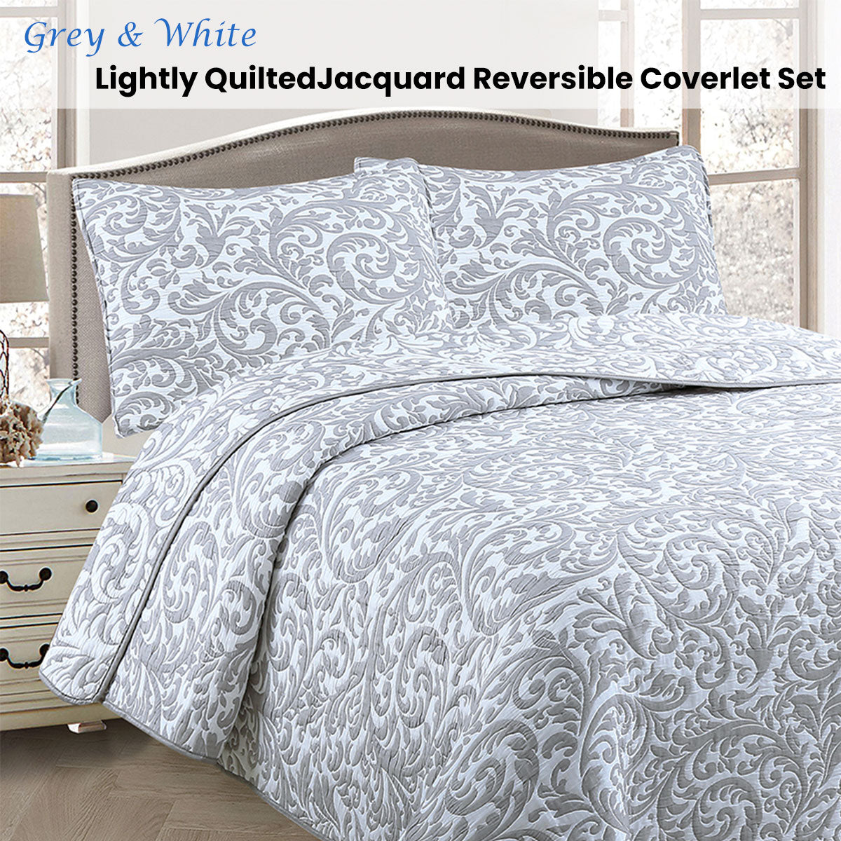 Slimbridge Jacquard Coverlet, Queen, Grey and White