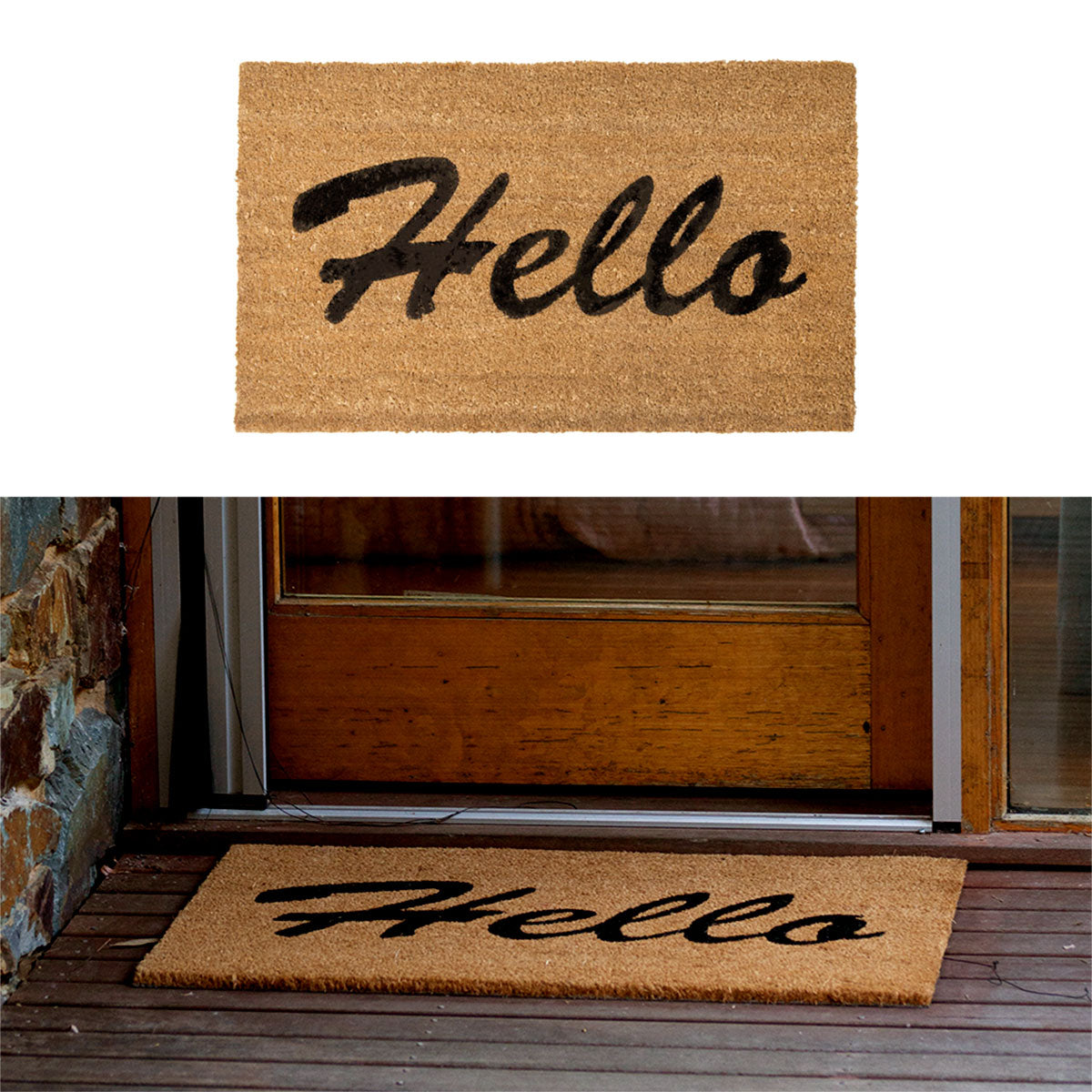 Hello coir door mat in black and wheat