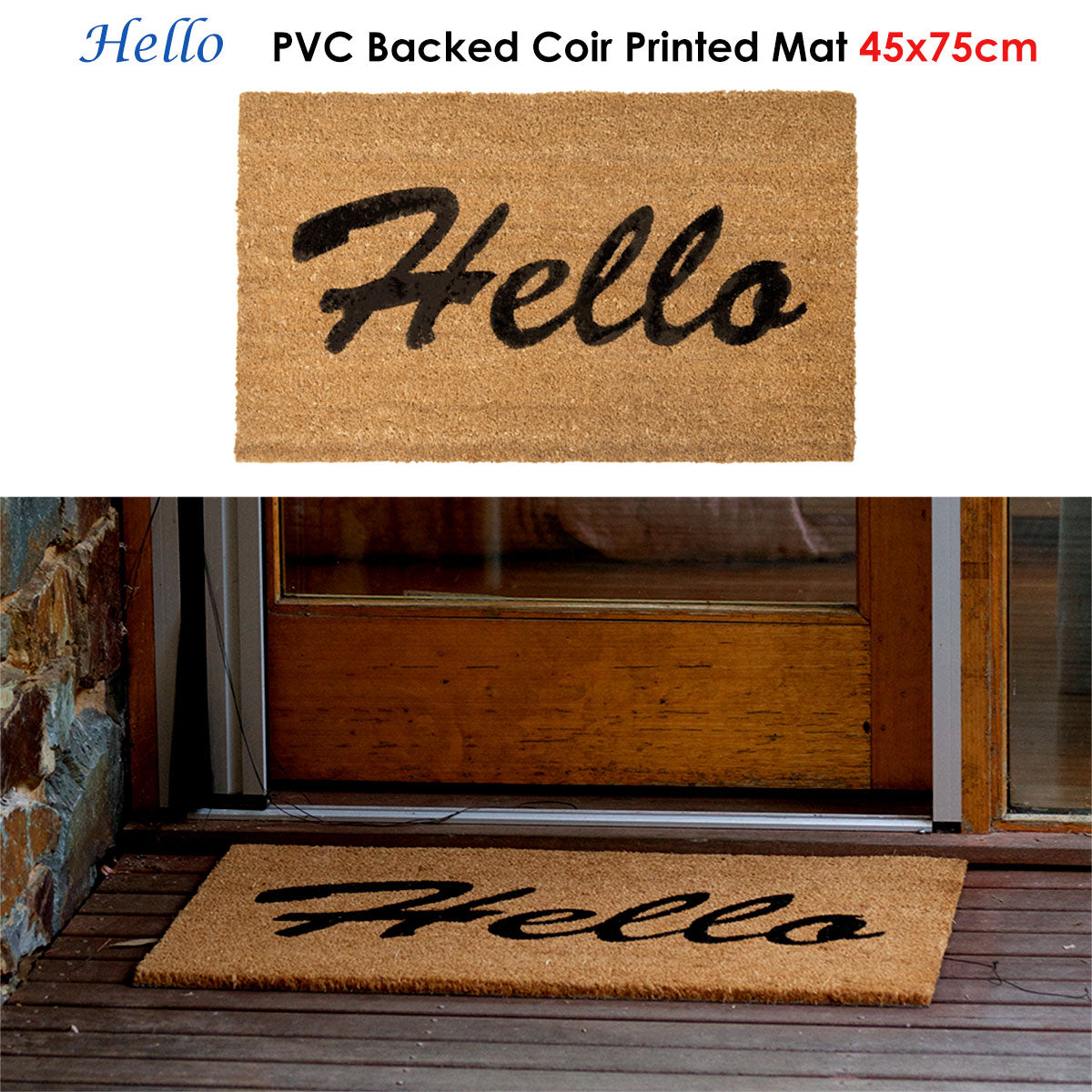 Hello coir door mat in black and wheat - view 2
