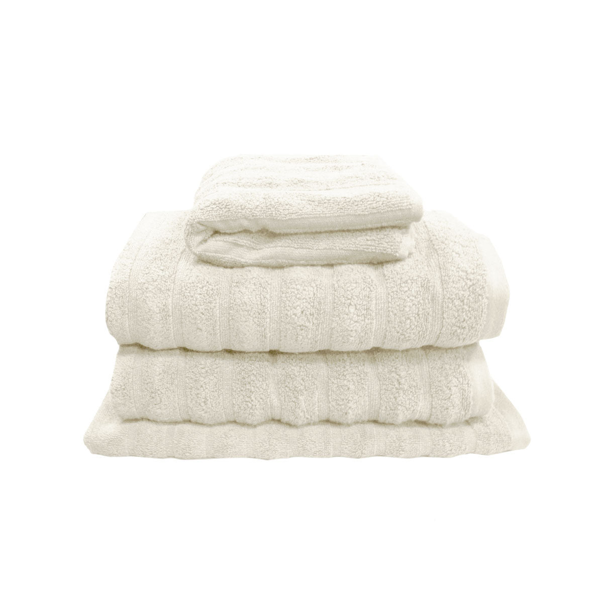 Snow white four piece cotton towel set with two bath towels, hand towel and bath mat