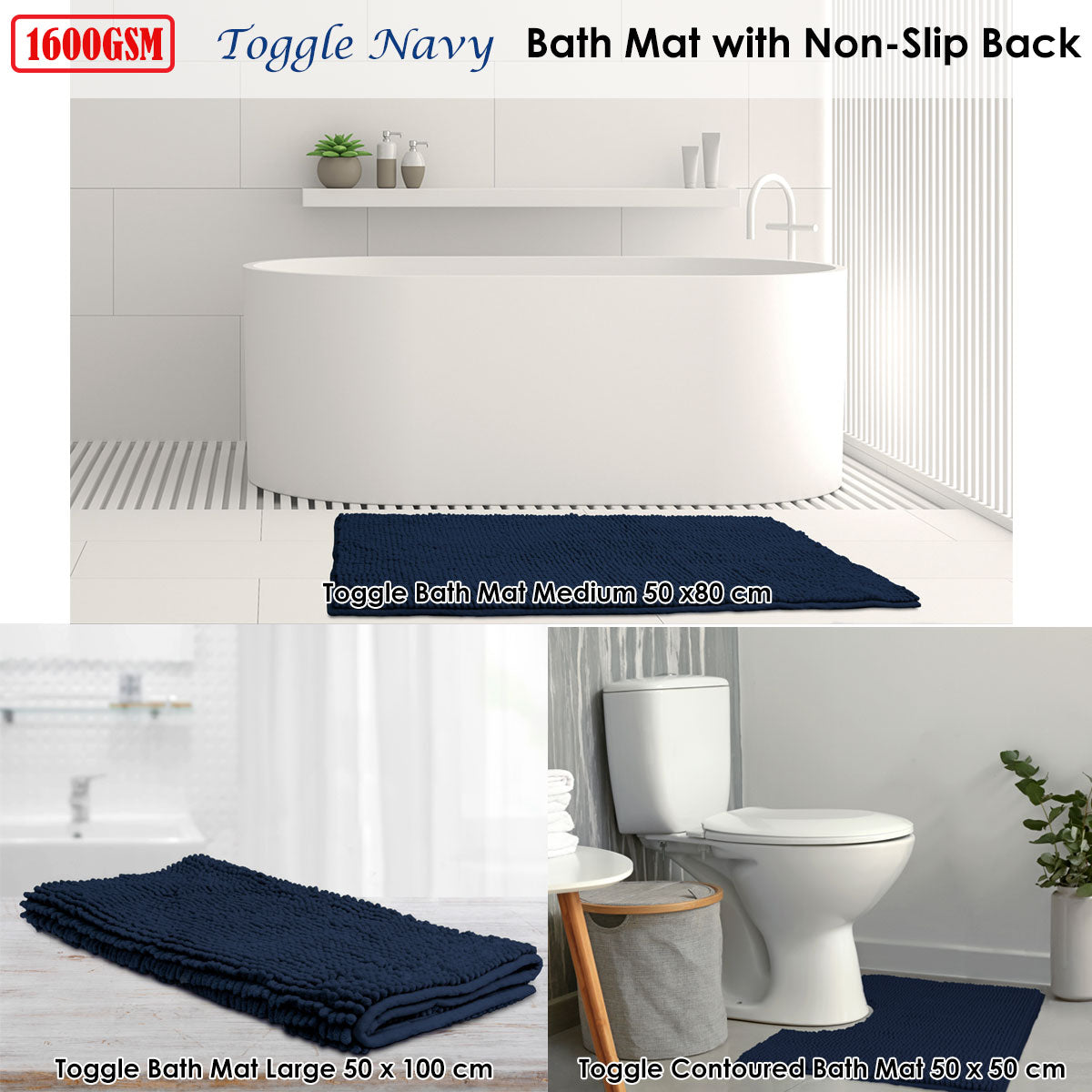 Close up of the toggle applique pattern on the navy microfibre bath mat