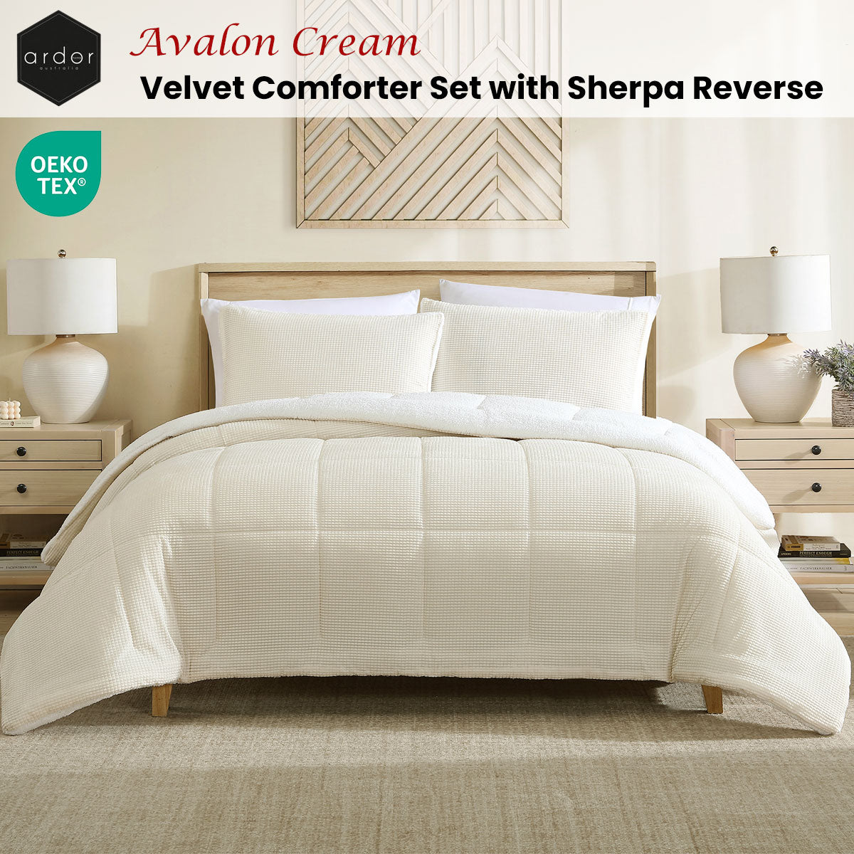 Forthampton Avalon Velvet Comforter Set with Sherpa Reverse, Cream Queen King