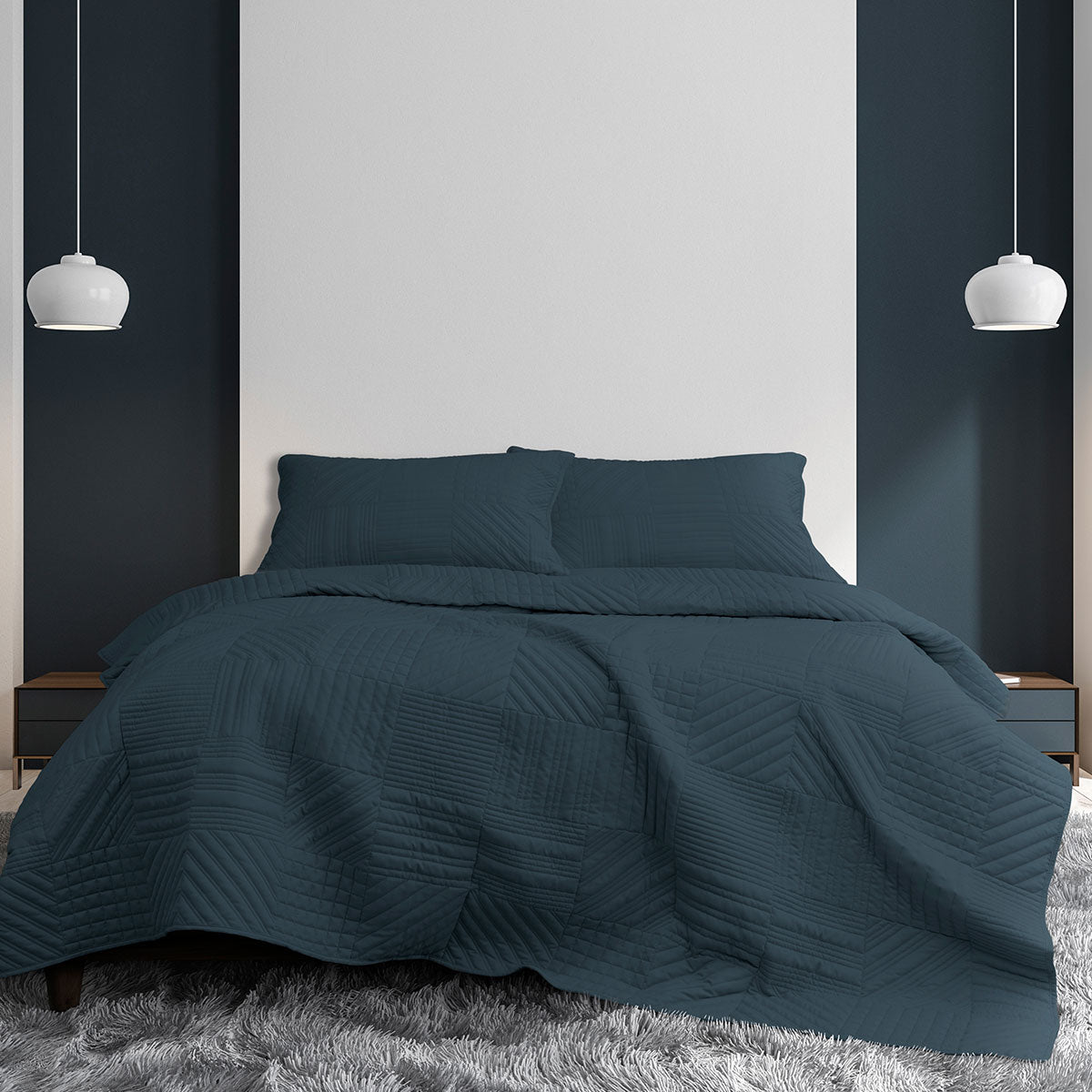 Oddington navy microfibre geometric quilted coverlet set Queen King