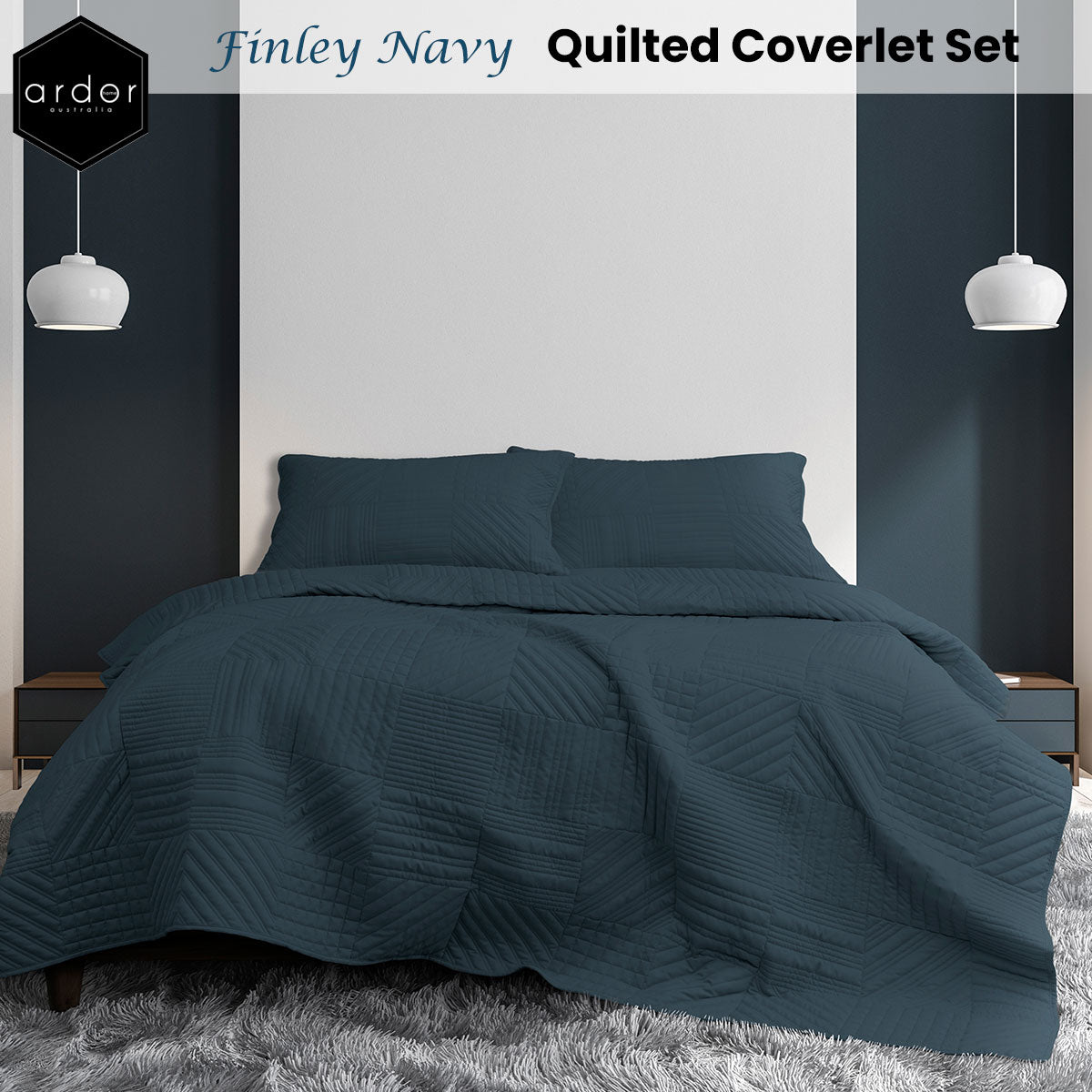 Oddington Quilted Coverlet Set 3pcs, Navy Queen King