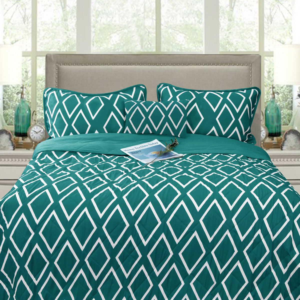 Idbury teal microfibre ultrasonic geometric comforter set Queen