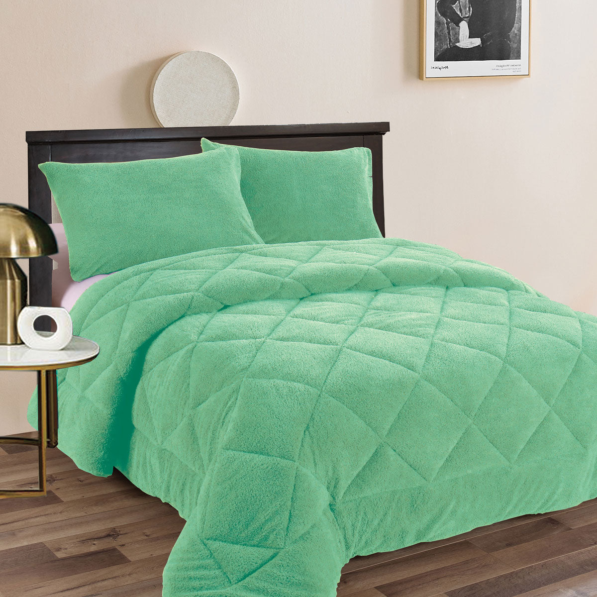 Aqua frost teddy fleece comforter set with a deep plush pile and two pillowcases on a king bed