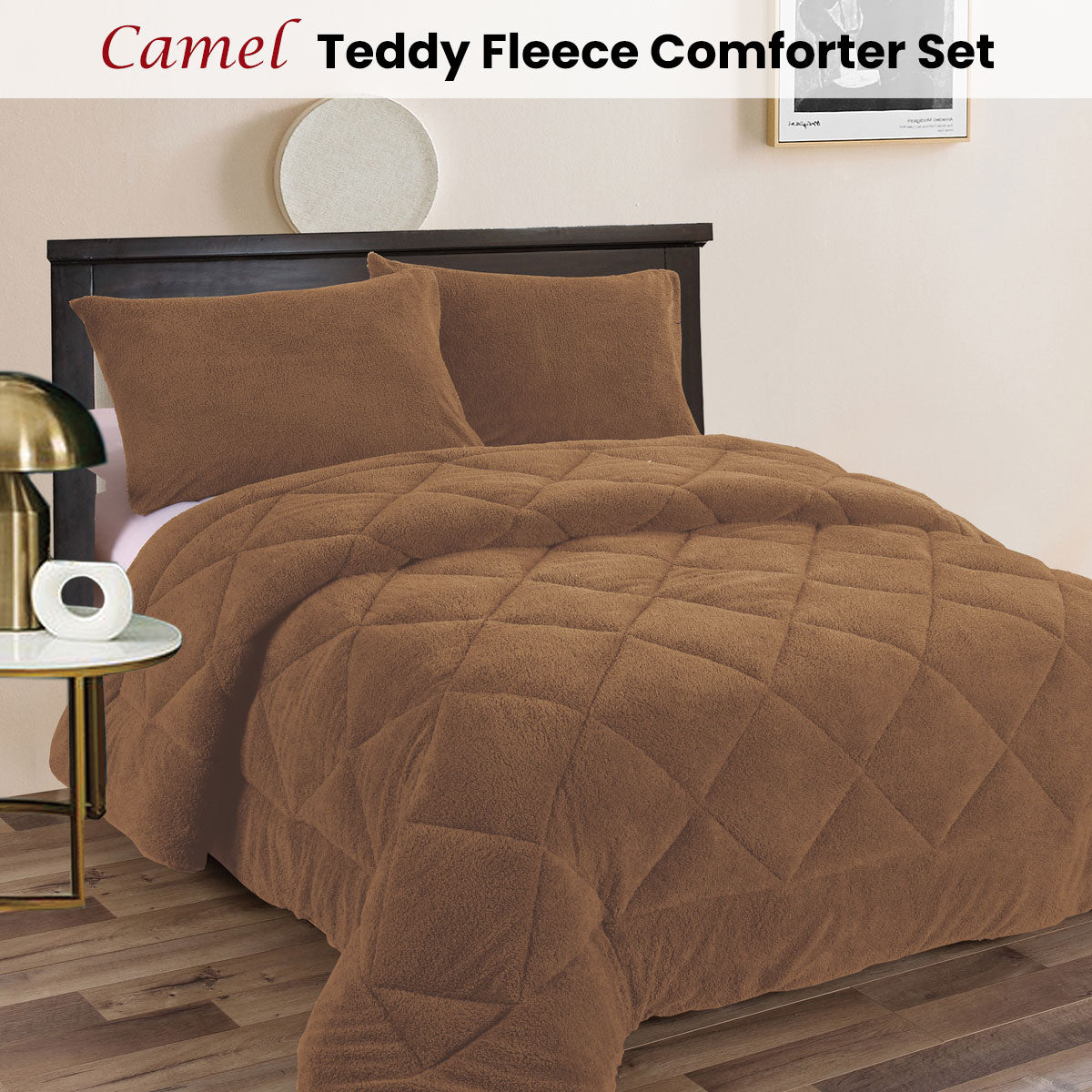 Icomb Teddy Fleece Comforter Set 3pcs, Camel Queen