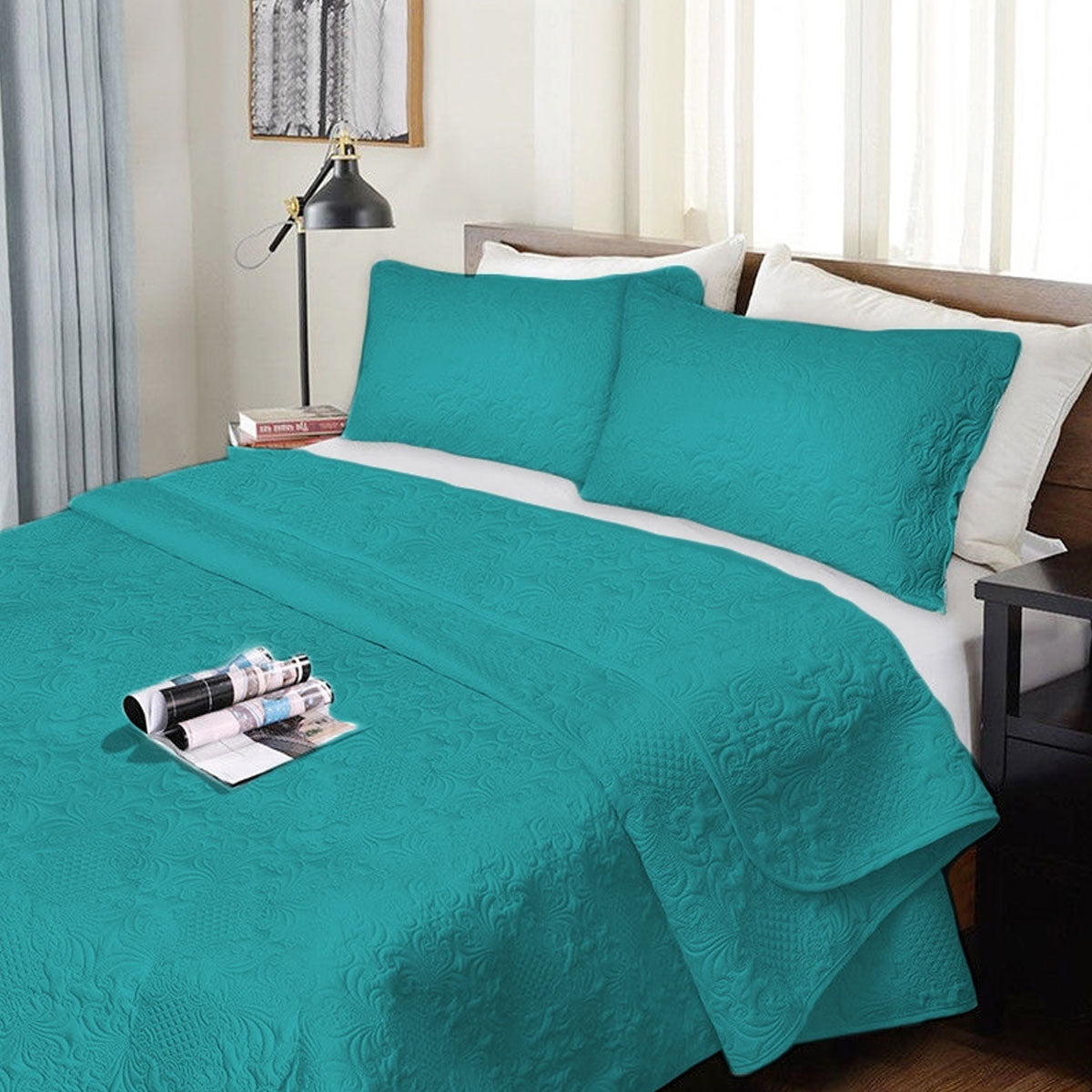 Mickleton teal ultrasonic damask comforter on a King bed