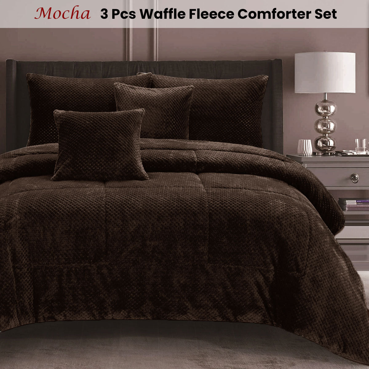 Syde 3pcs Waffle Fleece Comforter Set, Double, Mocha