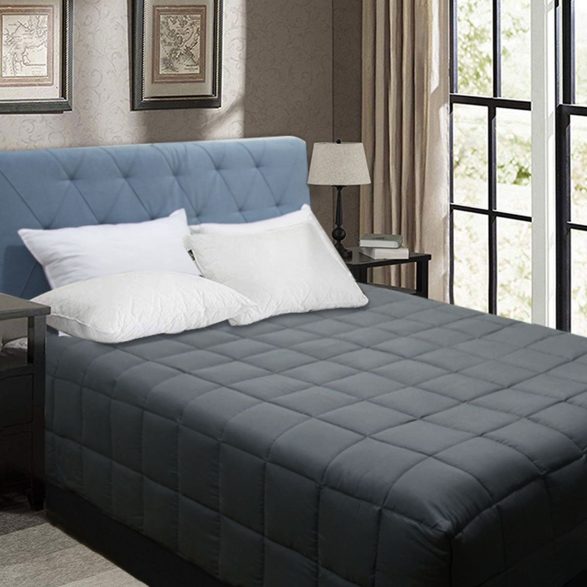 Charcoal box end quilt with lofty cassette stitching on a Double bed