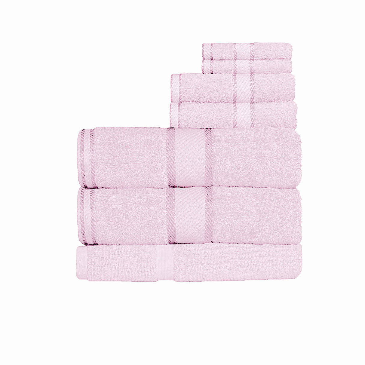 Baby pink seven piece 550 gsm cotton bath sheet set with bath sheets, hand towels, face washers and bath mat