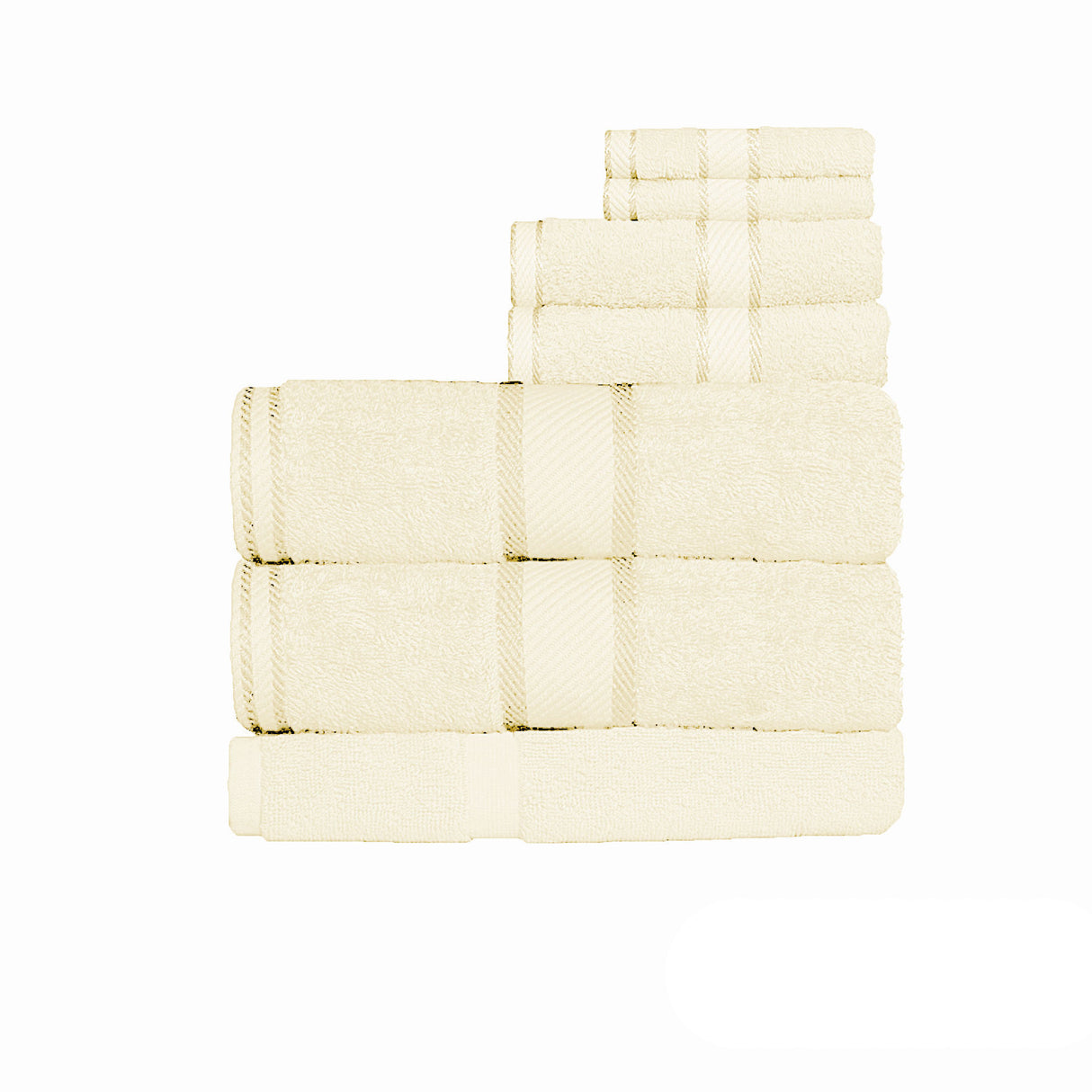 Cream seven piece 550 gsm cotton bath sheet set with bath sheets, hand towels, face washers and bath mat